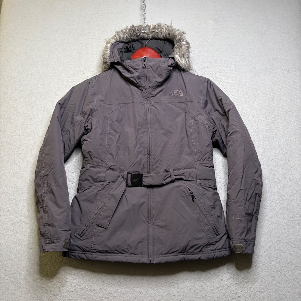 The North Face HyVent Parka Women M Gray Belted Faux Fur Hood Winter Jacket A71D